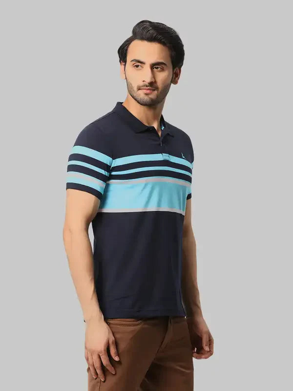 Men Blue Regular Fit Yarn Dyed Cotton Round Neck Collar Polo T-Shirt