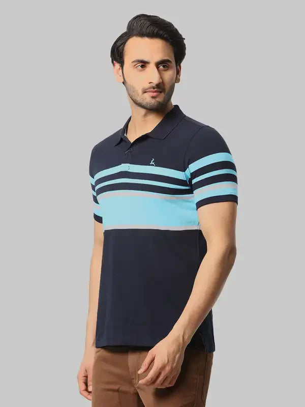 Men Blue Regular Fit Yarn Dyed Cotton Round Neck Collar Polo T-Shirt