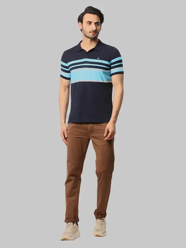 Men Blue Regular Fit Yarn Dyed Cotton Round Neck Collar Polo T-Shirt