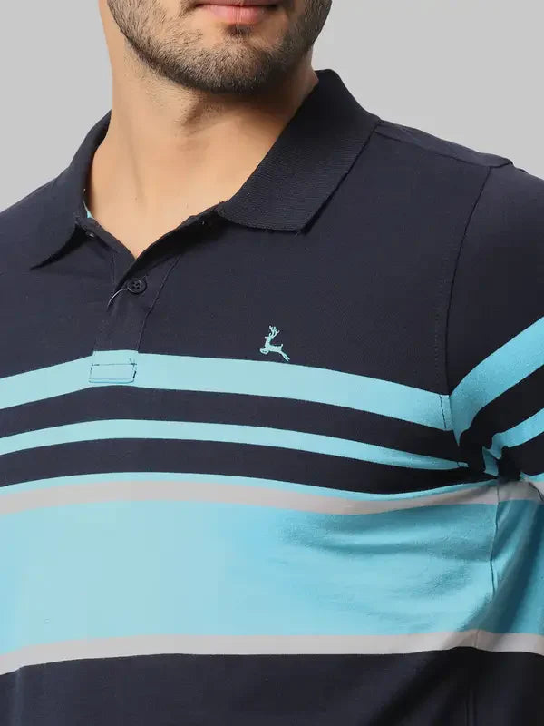 Men Blue Regular Fit Yarn Dyed Cotton Round Neck Collar Polo T-Shirt