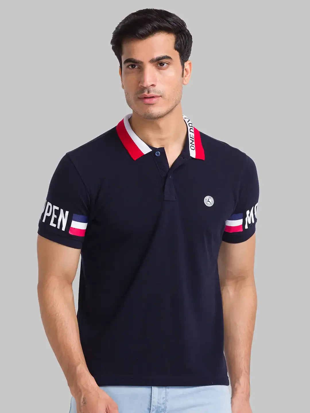 Parx Men Blue Solid Regular Fit Cotton Intarsia Neck T-Shirt