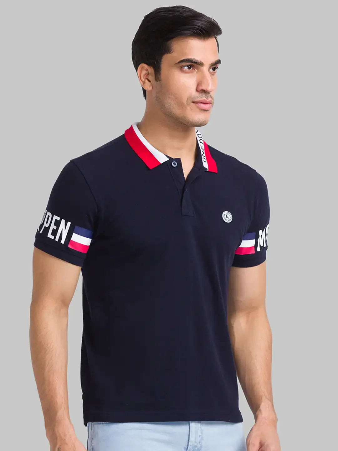 Parx Men Blue Solid Regular Fit Cotton Intarsia Neck T-Shirt