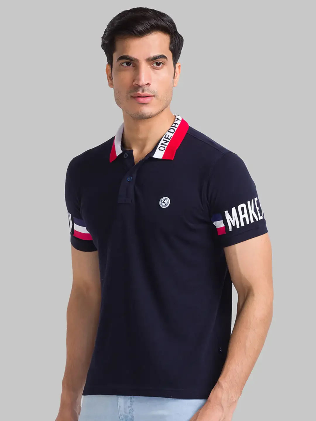 Parx Men Blue Solid Regular Fit Cotton Intarsia Neck T-Shirt
