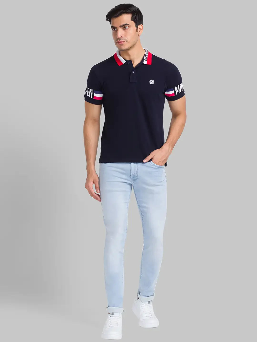 Parx Men Blue Solid Regular Fit Cotton Intarsia Neck T-Shirt