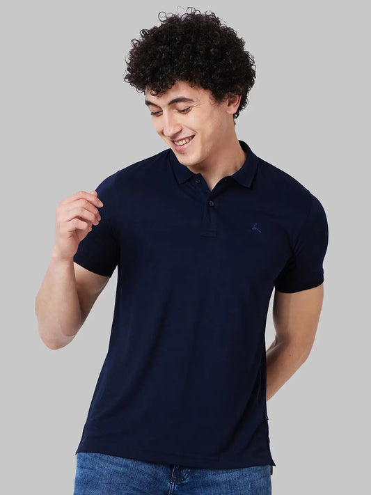 Men Blue Regular Fit Solid Polyester Blend Round Neck Collar Polo T-Shirt