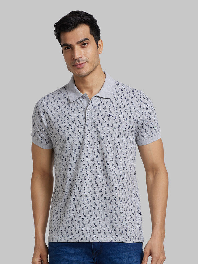 Parx Men Grey Printed Regular Fit Half Sleeve Polo Neck T-Shirt