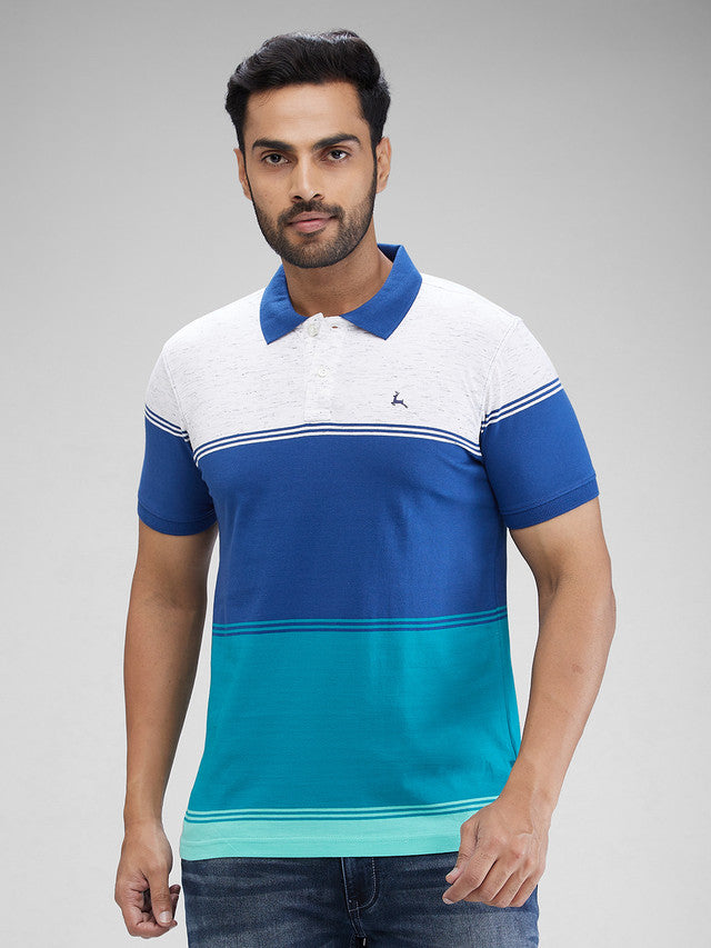 Parx Blue Yarn Dyed Regular Fit Cotton Blend T-Shirt