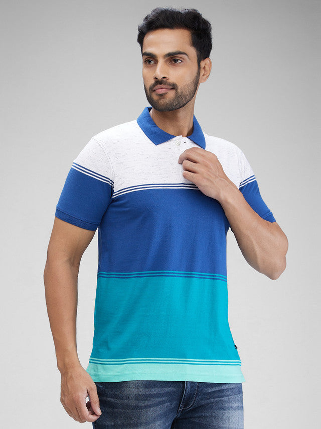 Parx Blue Yarn Dyed Regular Fit Cotton Blend T-Shirt