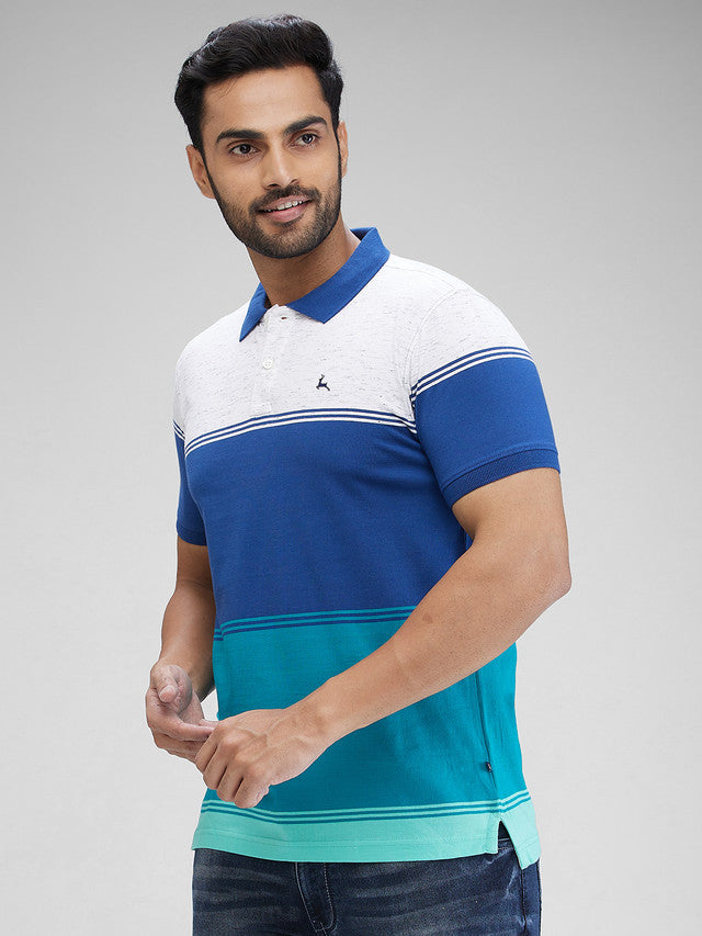 Parx Blue Yarn Dyed Regular Fit Cotton Blend T-Shirt