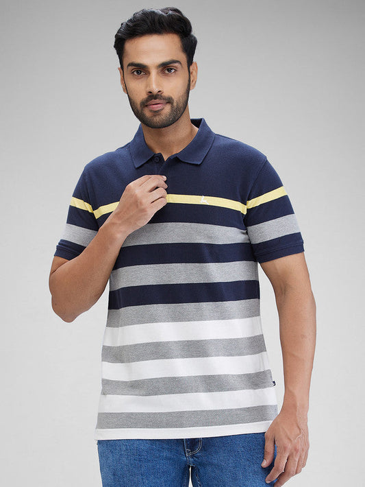 Parx Blue Yarn Dyed Regular Fit Cotton Blend T-Shirt