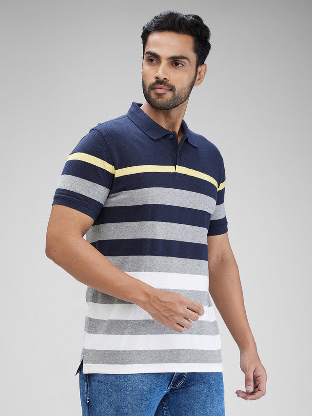 Parx Blue Yarn Dyed Regular Fit Cotton Blend T-Shirt