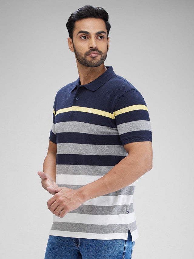Parx Blue Yarn Dyed Regular Fit Cotton Blend T-Shirt