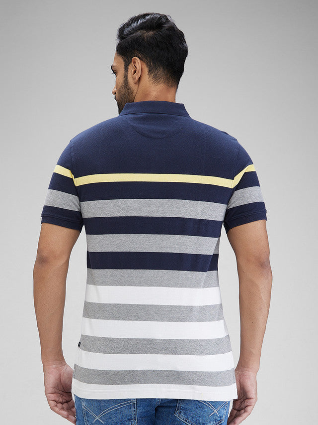 Parx Blue Yarn Dyed Regular Fit Cotton Blend T-Shirt
