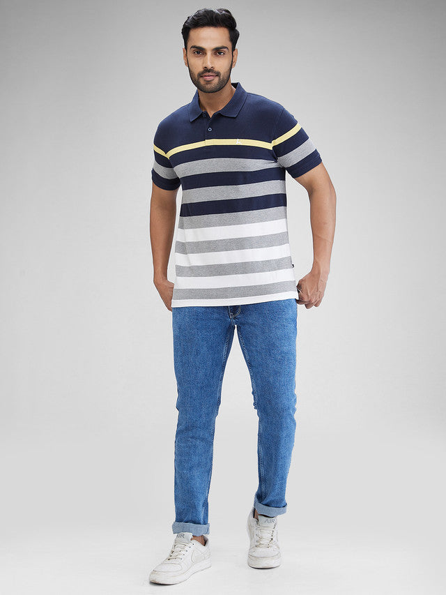 Parx Blue Yarn Dyed Regular Fit Cotton Blend T-Shirt