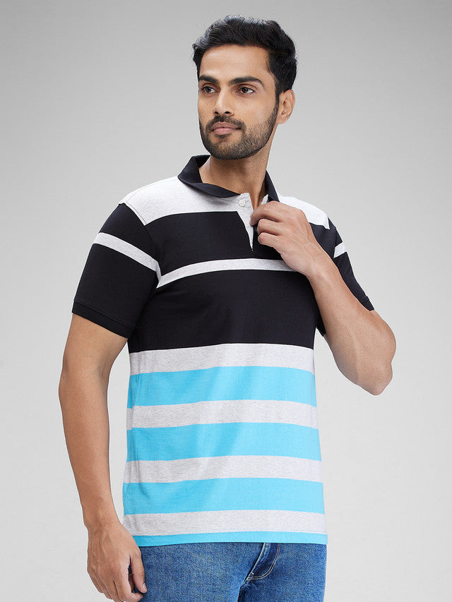 Parx Blue Yarn Dyed Regular Fit Cotton T-Shirt