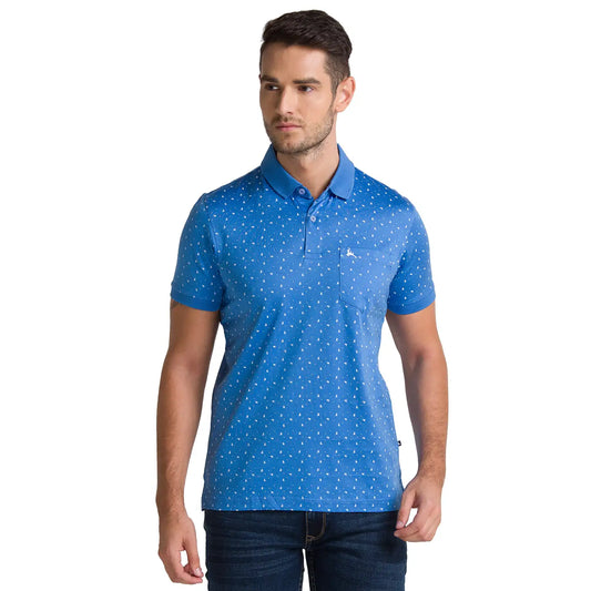 Men Blue Regular Fit Print Cotton Round Neck Collar Polo T-Shirt