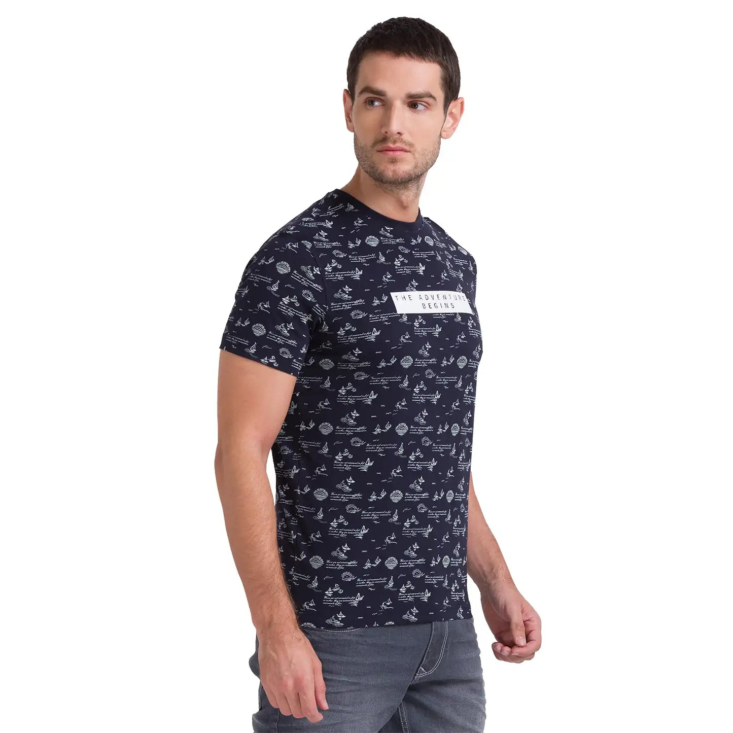 Men Blue Regular Fit Jacquard Cotton Round Neck Collar Polo T-Shirt