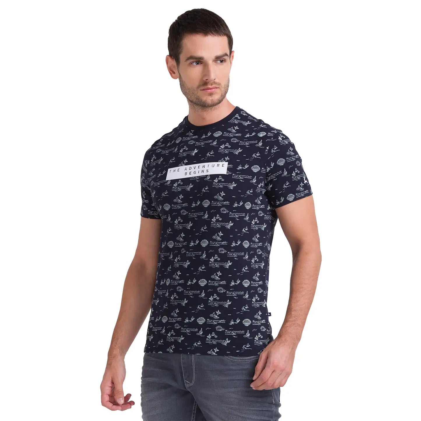 Men Blue Regular Fit Jacquard Cotton Round Neck Collar Polo T-Shirt