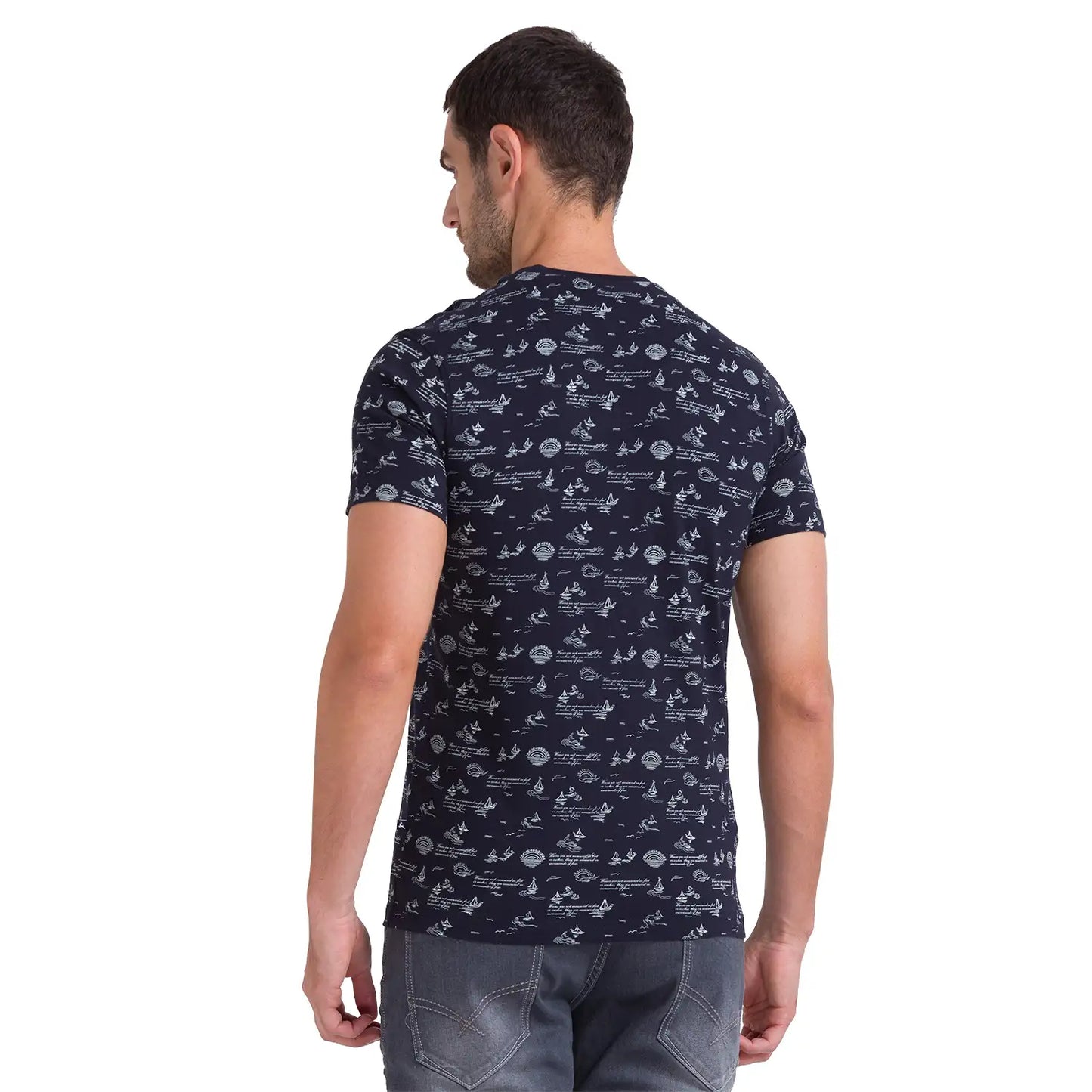 Men Blue Regular Fit Jacquard Cotton Round Neck Collar Polo T-Shirt