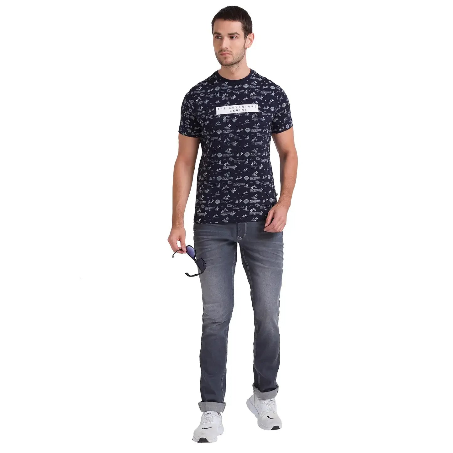 Men Blue Regular Fit Jacquard Cotton Round Neck Collar Polo T-Shirt