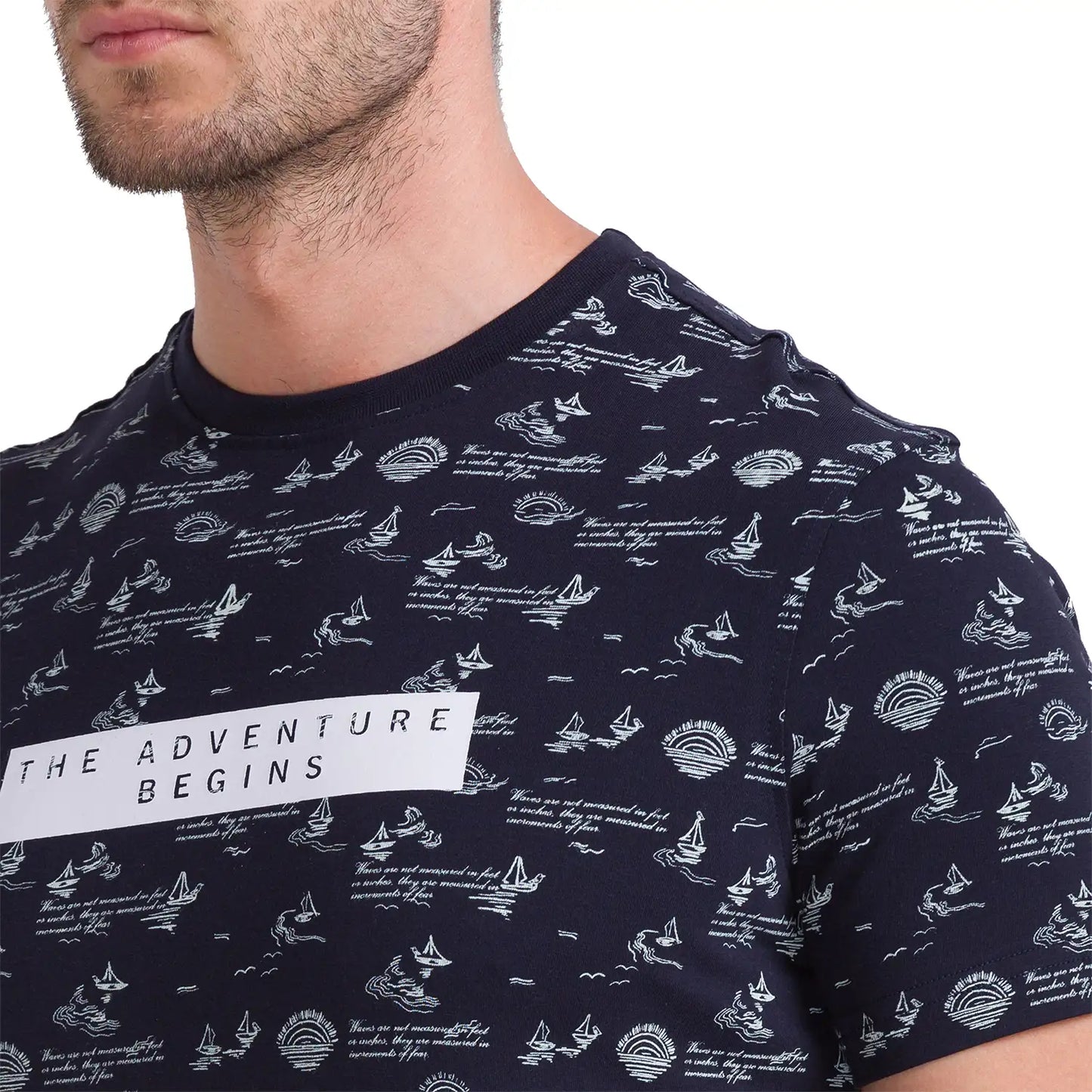 Men Blue Regular Fit Jacquard Cotton Round Neck Collar Polo T-Shirt