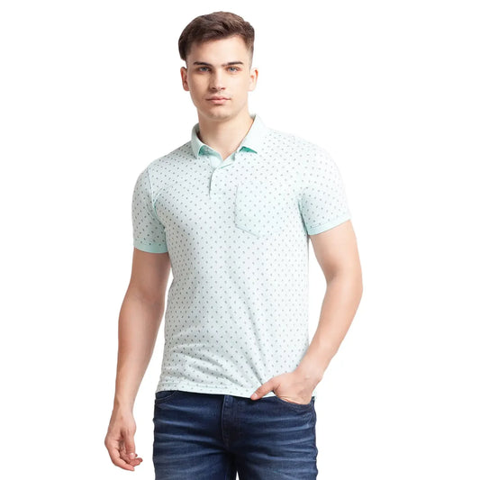 Men Green Regular Fit Print Polyester Blend Round Neck Collar Polo T-Shirt