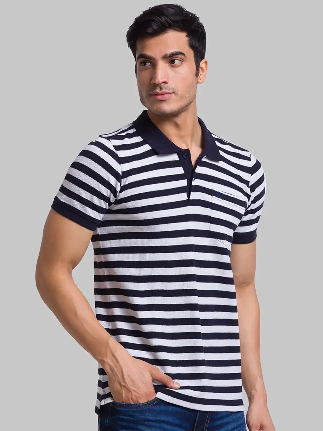 Men Grey Regular Fit Yarn Dyed Cotton Round Neck Collar Polo T-Shirt