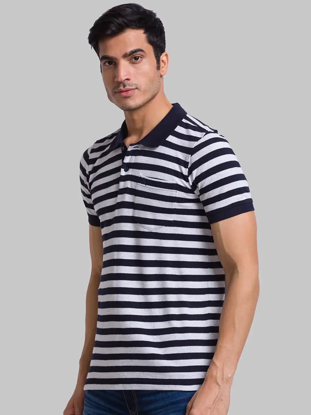 Men Grey Regular Fit Yarn Dyed Cotton Round Neck Collar Polo T-Shirt