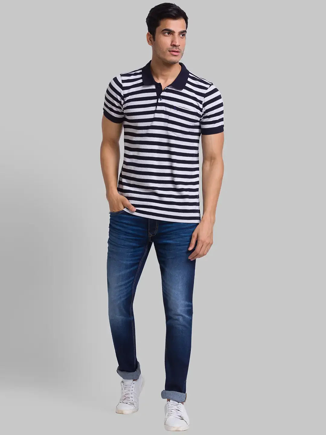 Men Grey Regular Fit Yarn Dyed Cotton Round Neck Collar Polo T-Shirt