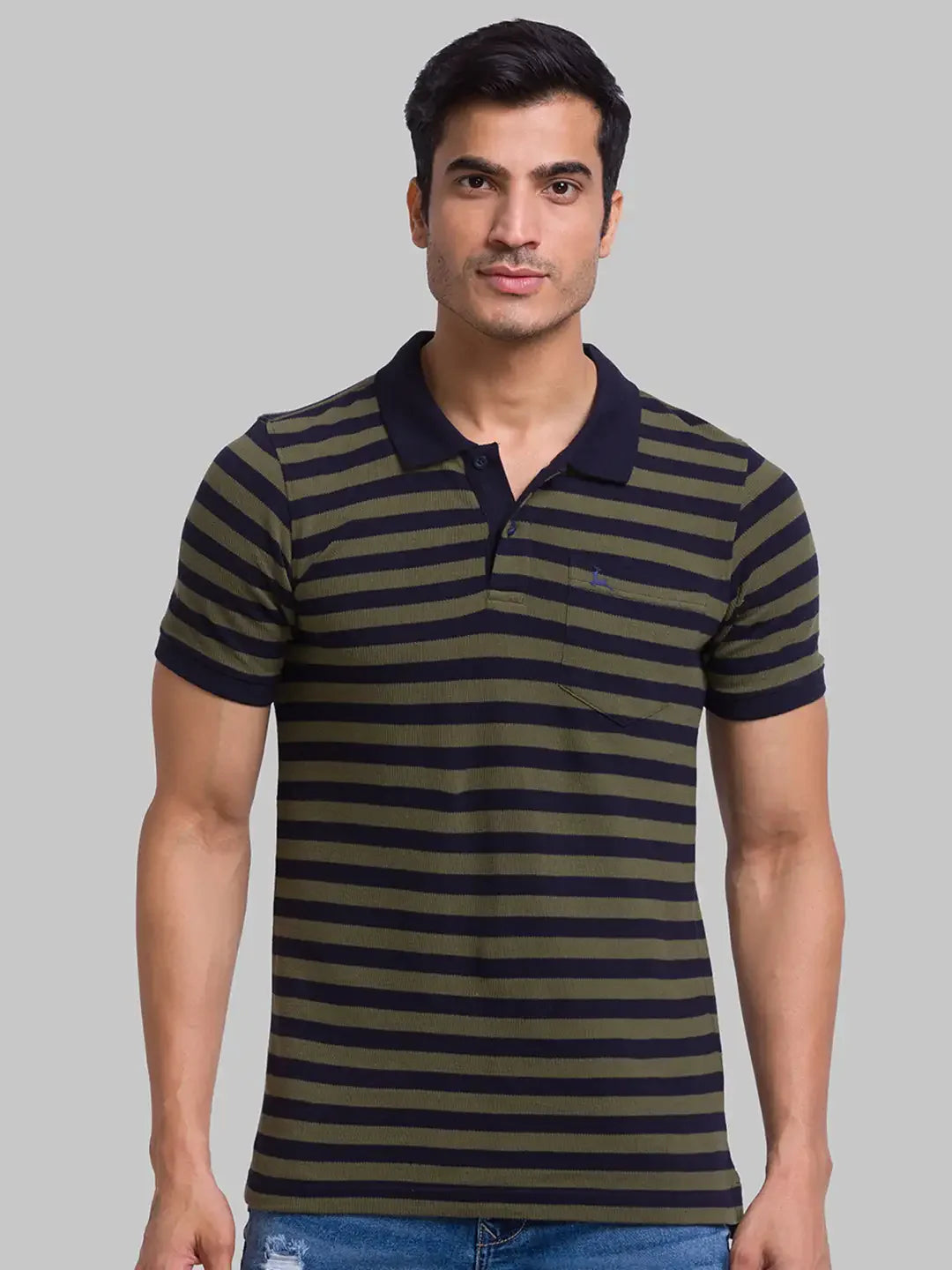 Men Green Regular Fit Yarn Dyed Cotton Round Neck Collar Polo T-Shirt