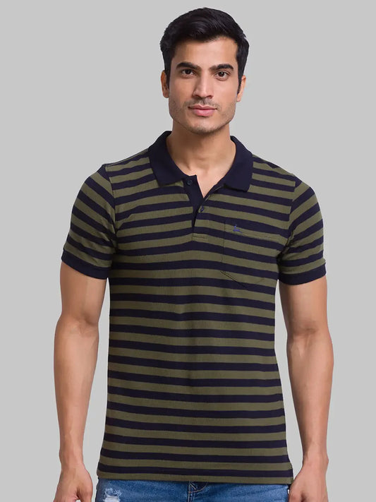 Men Green Regular Fit Yarn Dyed Cotton Round Neck Collar Polo T-Shirt
