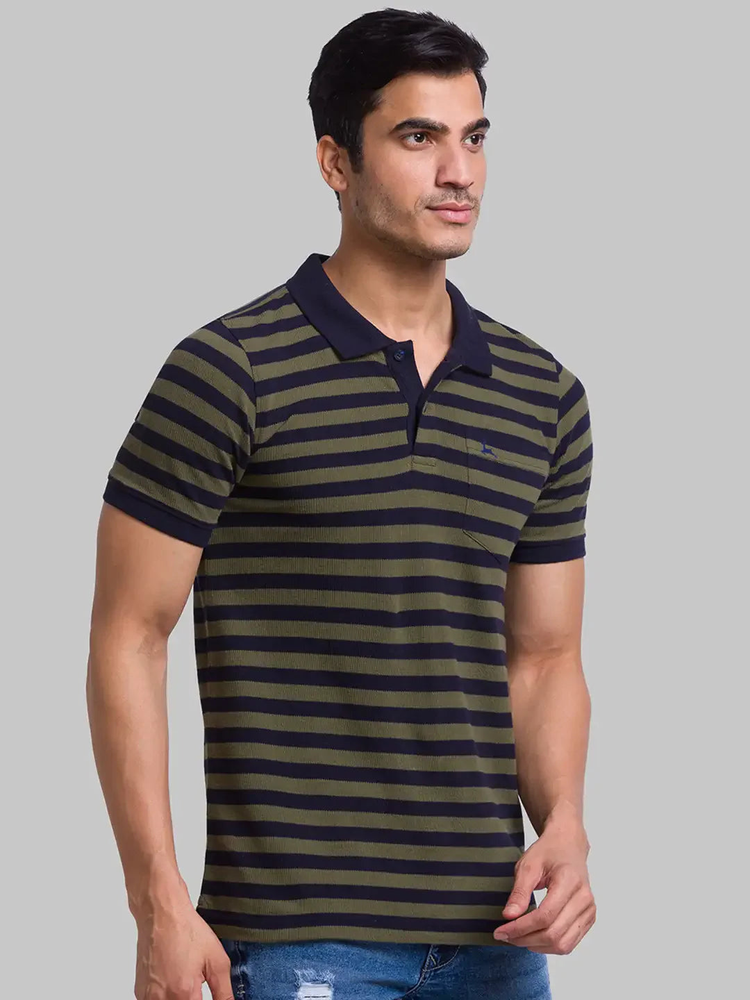 Men Green Regular Fit Yarn Dyed Cotton Round Neck Collar Polo T-Shirt