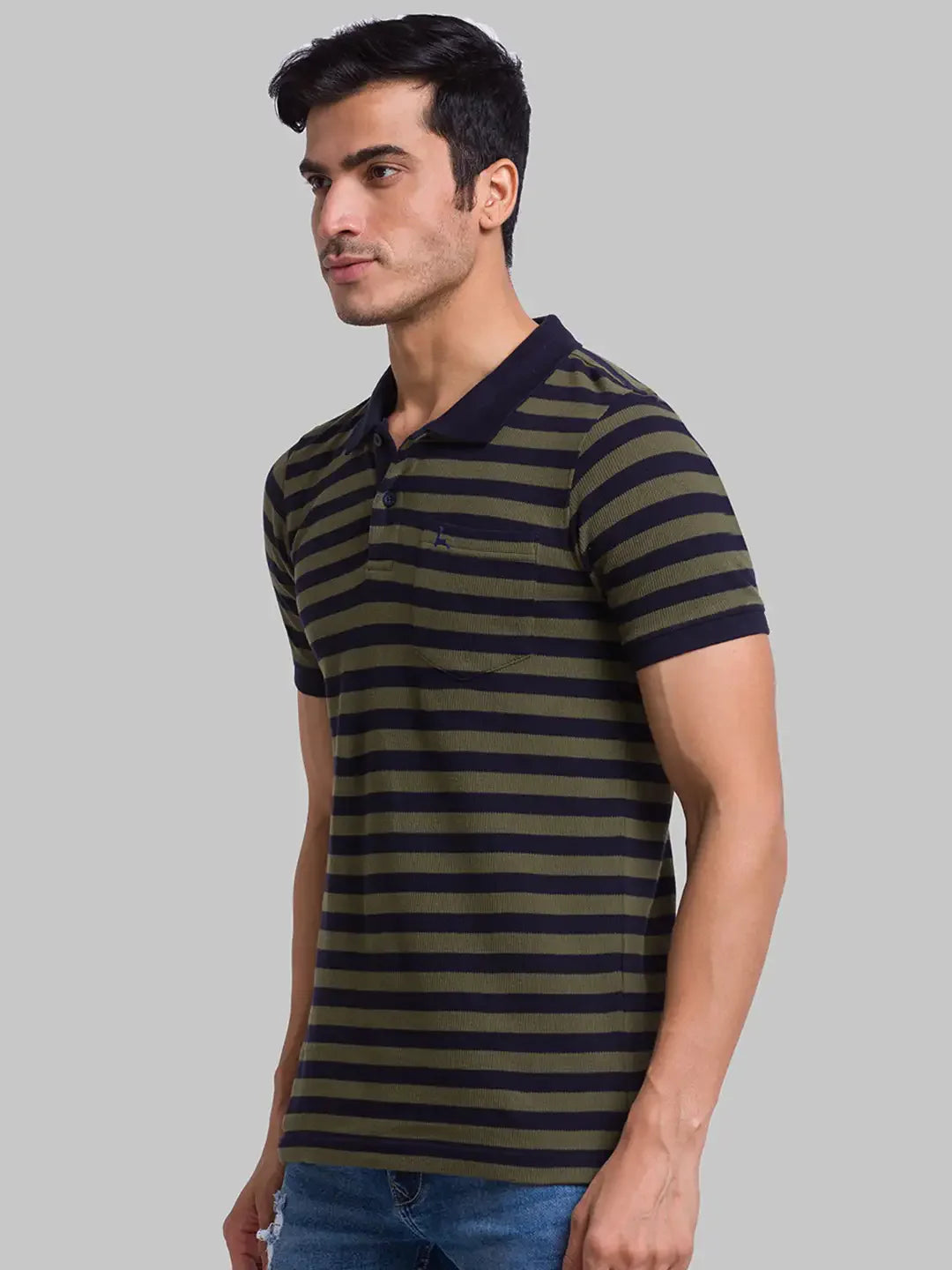 Men Green Regular Fit Yarn Dyed Cotton Round Neck Collar Polo T-Shirt