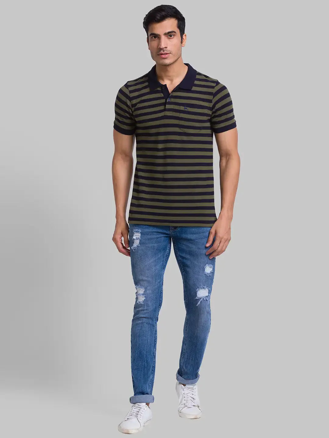 Men Green Regular Fit Yarn Dyed Cotton Round Neck Collar Polo T-Shirt