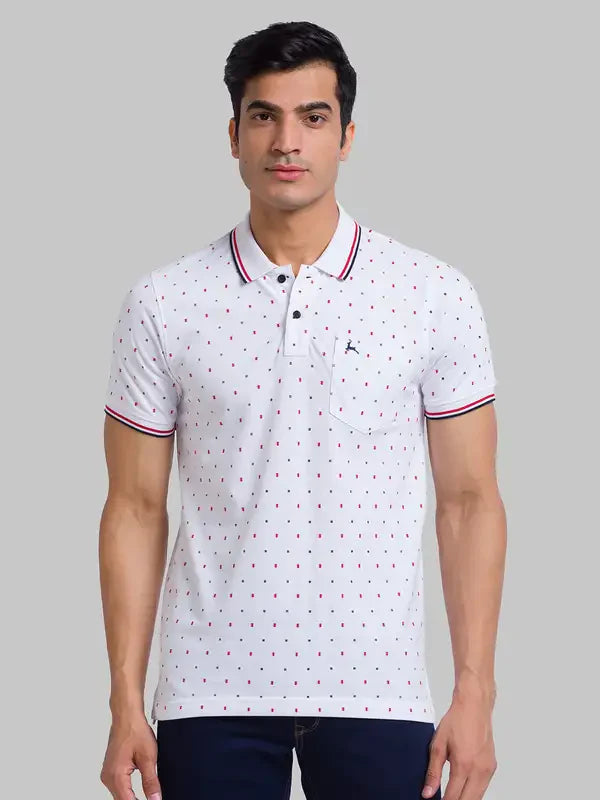 Men White Regular Fit Print Cotton Round Neck Collar Polo T-Shirt