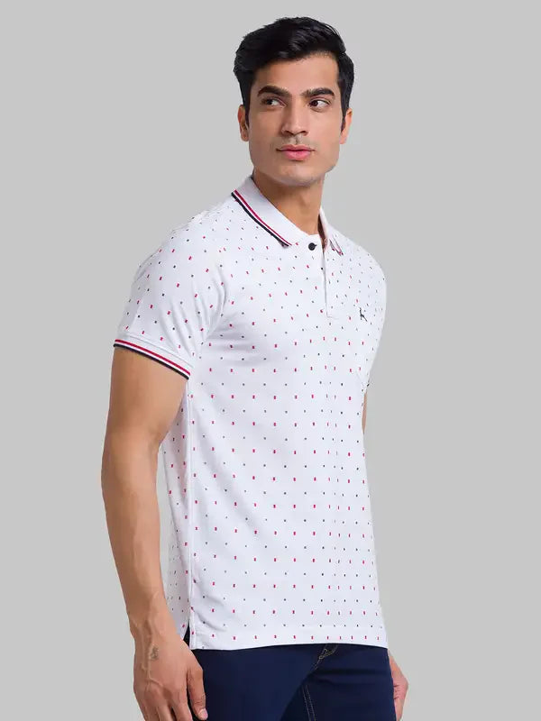 Men White Regular Fit Print Cotton Round Neck Collar Polo T-Shirt