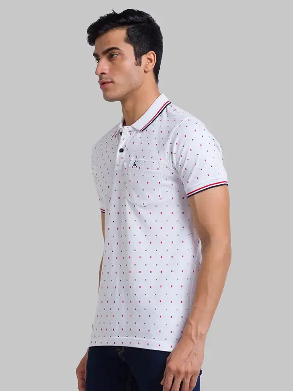 Men White Regular Fit Print Cotton Round Neck Collar Polo T-Shirt
