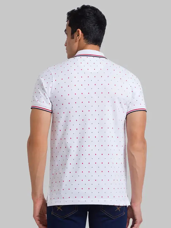 Men White Regular Fit Print Cotton Round Neck Collar Polo T-Shirt