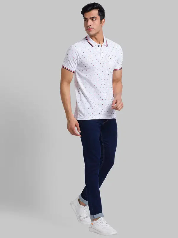 Men White Regular Fit Print Cotton Round Neck Collar Polo T-Shirt