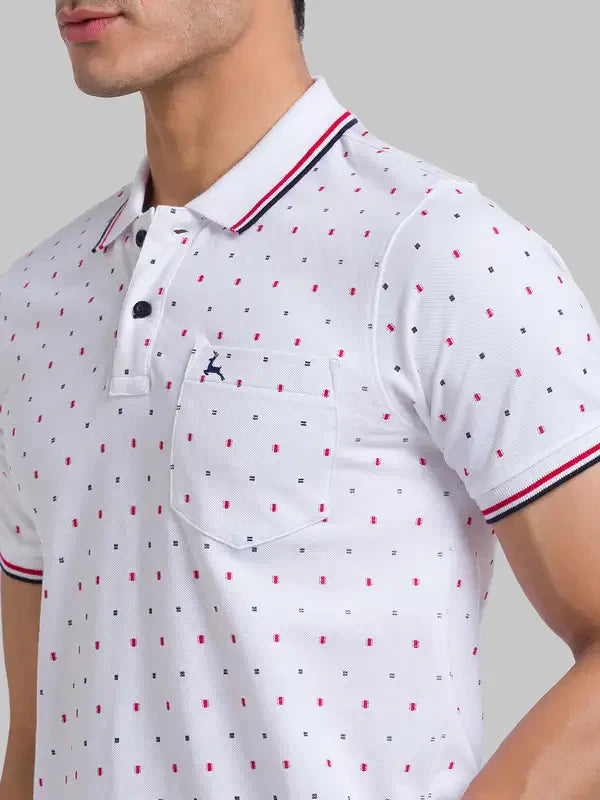Men White Regular Fit Print Cotton Round Neck Collar Polo T-Shirt