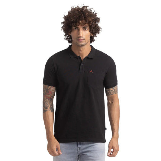 Men Black Regular Fit Solid Cotton Round Neck Collar Polo T-Shirt