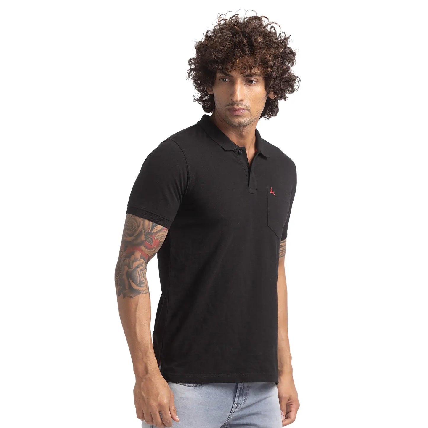 Men Black Regular Fit Solid Cotton Round Neck Collar Polo T-Shirt