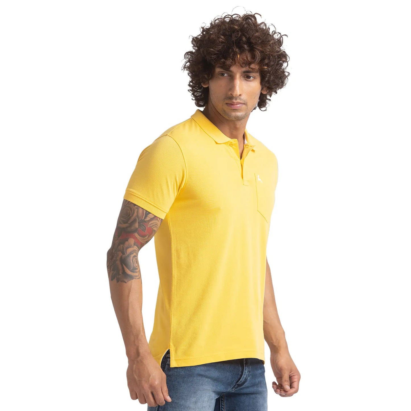 Men Yellow Regular Fit Solid Cotton Round Neck Collar Polo T-Shirt