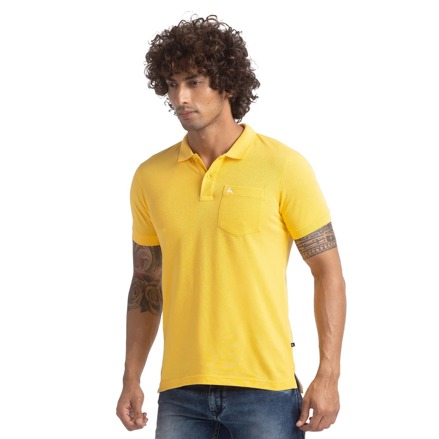 Men Yellow Regular Fit Solid Cotton Round Neck Collar Polo T-Shirt