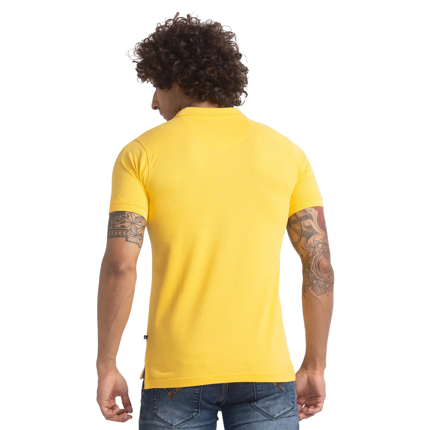 Men Yellow Regular Fit Solid Cotton Round Neck Collar Polo T-Shirt