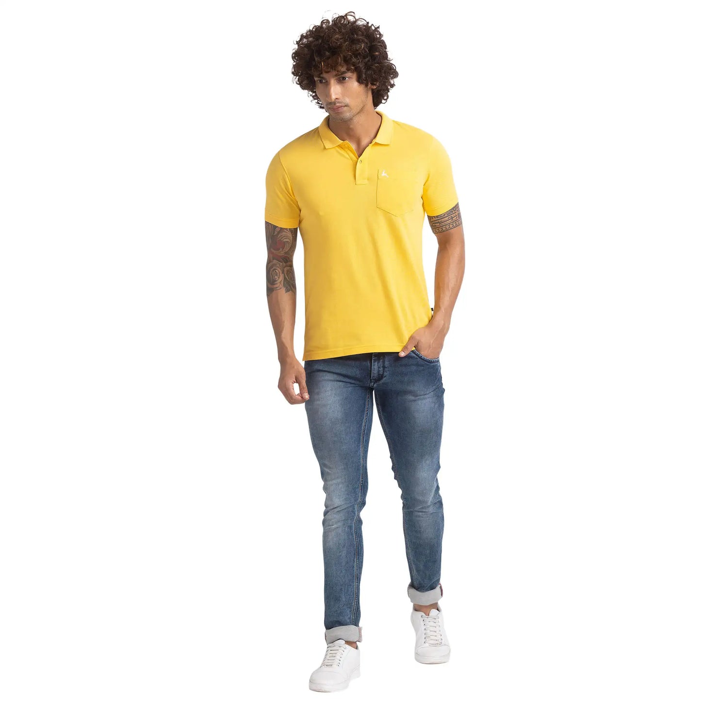 Men Yellow Regular Fit Solid Cotton Round Neck Collar Polo T-Shirt