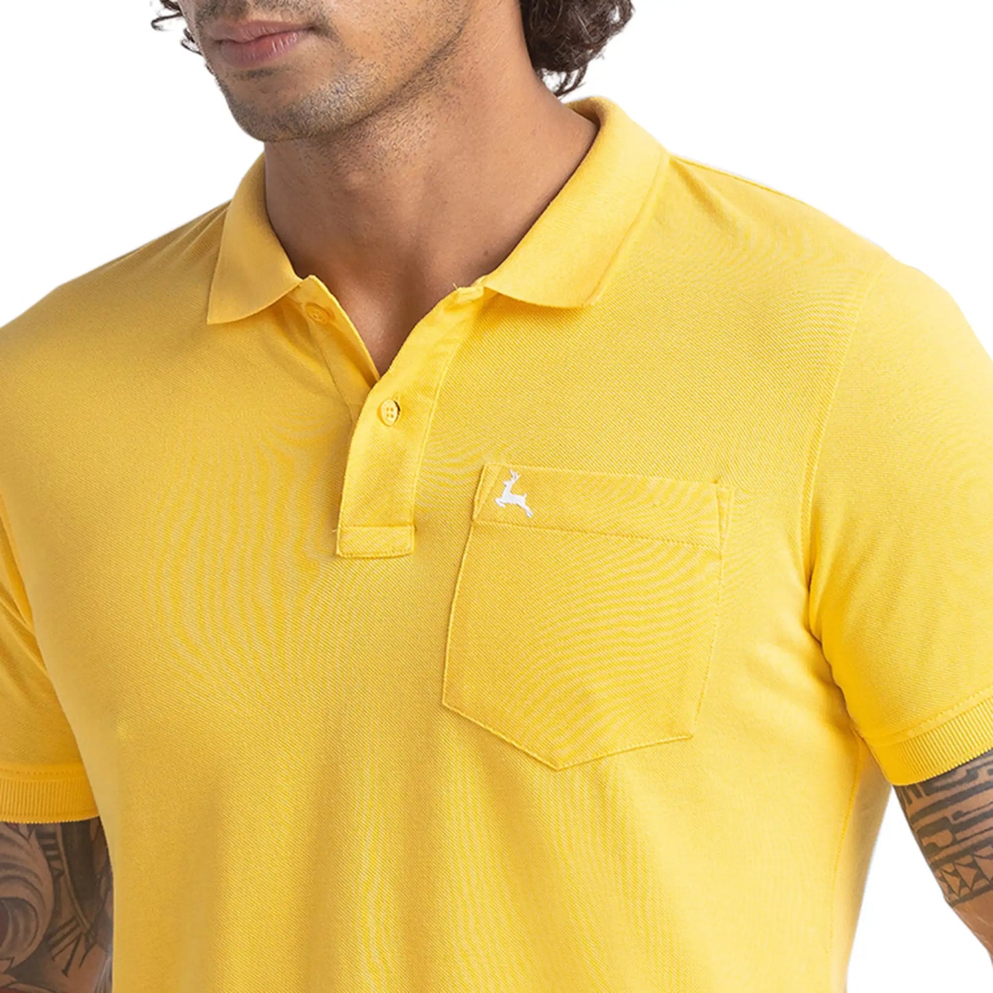 Men Yellow Regular Fit Solid Cotton Round Neck Collar Polo T-Shirt