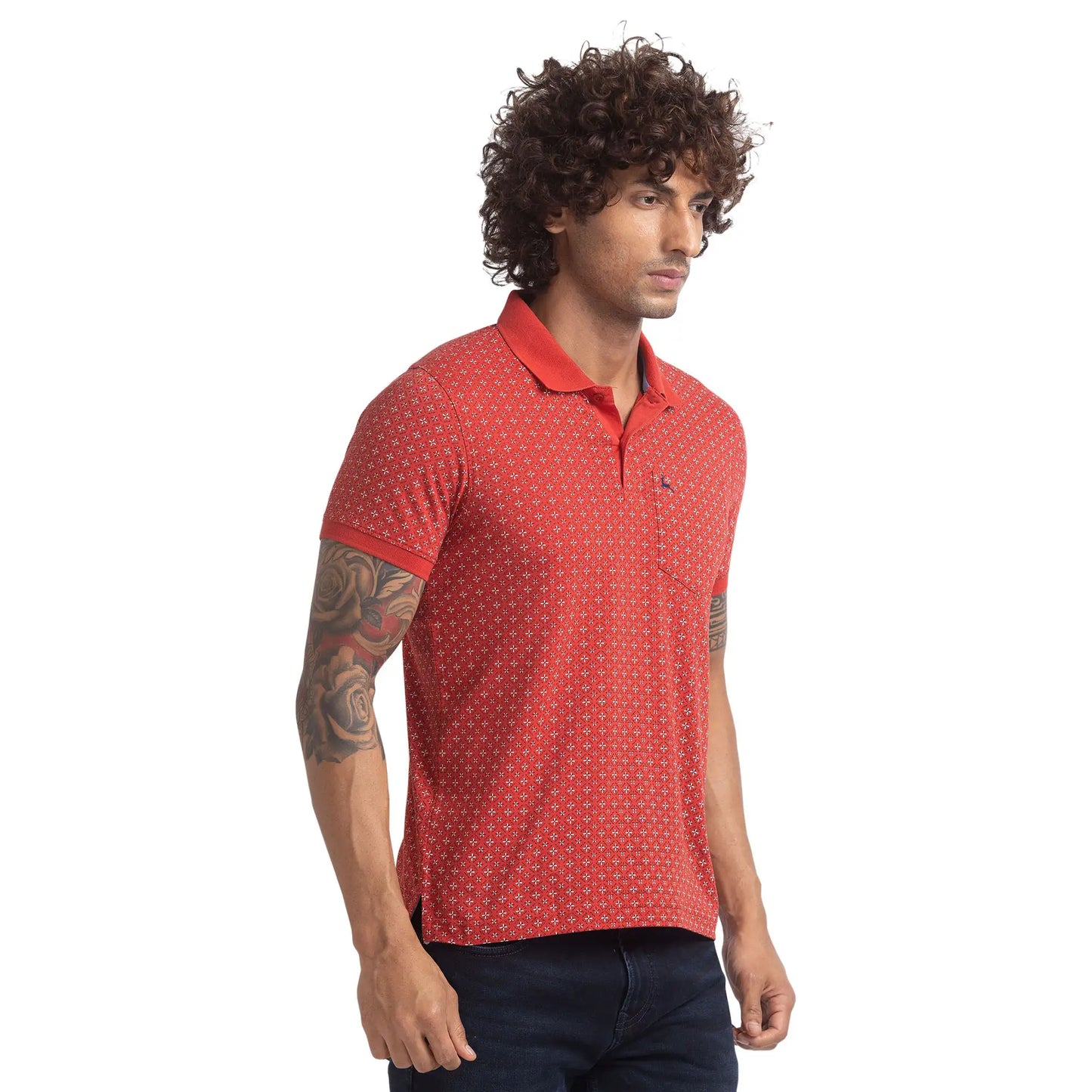 Men Red Regular Fit Print Cotton Round Neck Collar Polo T-Shirt