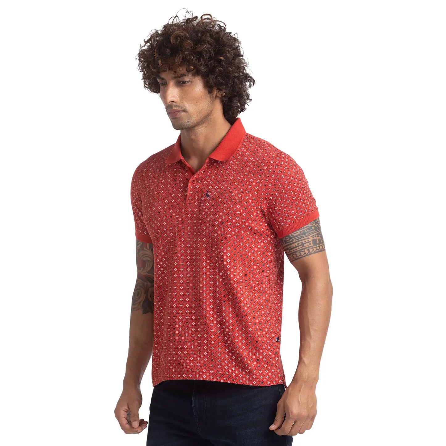 Men Red Regular Fit Print Cotton Round Neck Collar Polo T-Shirt
