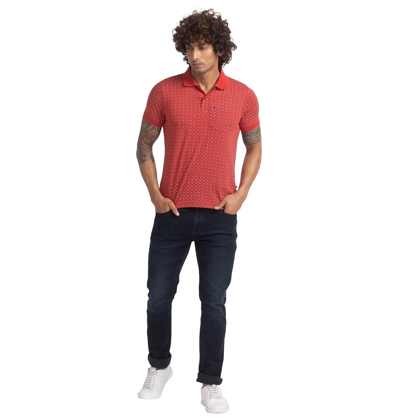 Men Red Regular Fit Print Cotton Round Neck Collar Polo T-Shirt